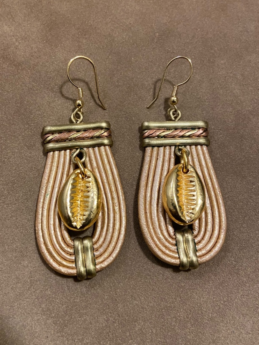 Handcrafted Pink and Gold Cowrie Drop Earrings
